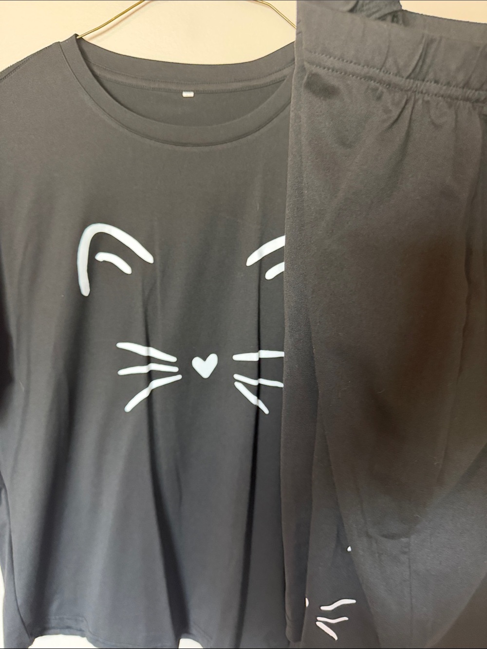 Black Cat Face Pajama Set - Cute White Print